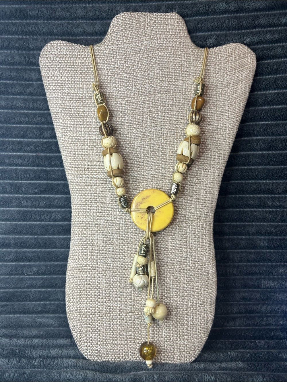 Vintage Earthy Boho Carved Yellow Donut Lariat Fringe Necklace
